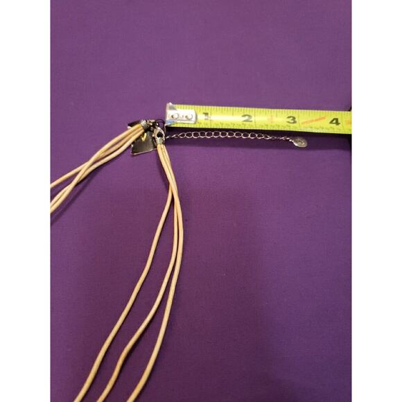 Cookie Lee Signed Layered Necklace Coated Tan Cord Silver Tone Curved Bars - Picture 8 of 8